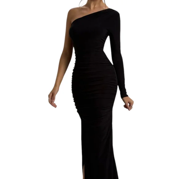 NWT CLUB L London DOLL Maxi Dress One Shoulder Ruched Split Hem Stretch Jersey 8 - Picture 2 of 16